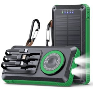 Solar Power Bank 20000mAh Portable Wireless Charger Built in 4 Charging Cables Dual LED Flashlight Heavy Duty Rugged Battery Pack with Compass Carabiner Clip Outdoor Solar