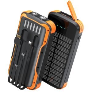 Solar Charger Power Bank, 40000mAh, PD 20W Fast Charging, Built-in 4 Cables, Dual Flashlights, IP67 Waterproof, for Camping and Hiking