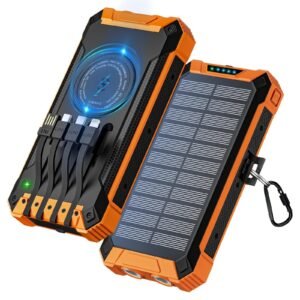 Solar Power Bank 26800mAh with 4 Cables, Wireless Solar Charger 6 Outputs 3 Inputs, Portable Power Bank Fast Charging USB C 15W Built-in Camping Flashlight, Carabiner for Outdoors (Orange)