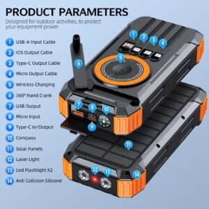 Solar Power Bank 40000mAh with Wireless Fast Charging, Hand Crank, Compatible with Smartphones and iPhones